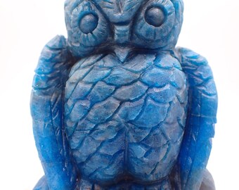 Large Natural Blue Apatite Crystal Owl - Standing Crystal Owl Blue Matte - 4.25 Inch Owl Carving - Blue Apatite Crystal Owl #ANMLS#1266