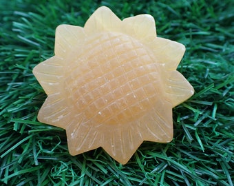Bright Orange Calcite Crystal Sunflower Carving - Flat Back Textured Sunflower - Yellow Orange Calcite Sunflower Crystal Carving #FLWRS#1001