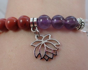 One Chakra Crystal Beaded Bracelet - 8mm Smooth Round Beads Silver Spacer - Red Orange Green Blue Purple - Natural Bead Bracelet #BRCLT#1067