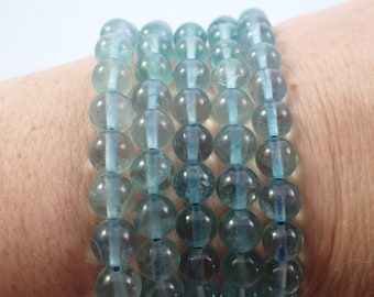 One Crystal Clear Blue Fluorite Beaded Bracelet - 7mm Smooth Round Beads - Clear Natural Blue Fluorite Crystal Bead Bracelet #BRCLT#1103
