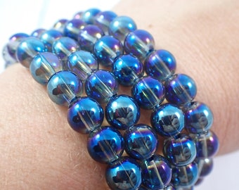 One Blue Aura Glass Bead Bracelet - 6mm Smooth Round Beads - Clear Blue Aura Glass Bracelet - Shiny Rainbow Beaded Bracelet - #BRCLT#1075