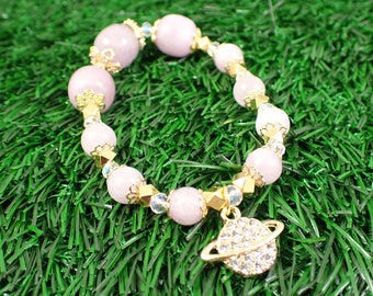 One Kunzite Crystal Beaded Bracelet - 12mm Smooth Round Beads - Purple Gold Planet Charm - Natural Kunzite Purple Crystal Beads #JEWEL#1021