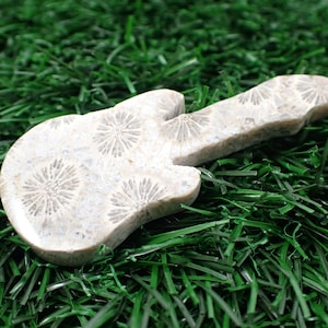 1 Piece Natural Fossil Coral Crystal Guitar - White Gray Flower Coral - Double Sided Polished Guitar Carving - 64x28x5mm Guitar #CRVNG#1608