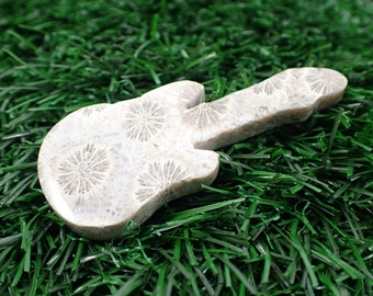 1 Piece Natural Fossil Coral Crystal Guitar - White Gray Flower Coral - Double Sided Polished Guitar Carving - 64x28x5mm Guitar #CRVNG#1608