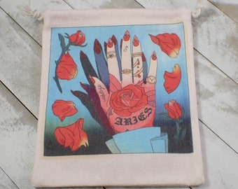 1 Piece Aries Hand Linen Fabric Crystal Pouch - Blue Red White - Aries Zodiac Tarot Card Bag - 6.75x5.75 Inches Aries Roses Bag #POUCH#1036