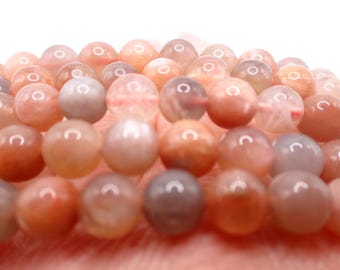 One Mixed Moonstone Crystal Bracelet - 7mm Smooth Round Natural Crystal Beads - Peach Gray Clear Flashy Moonstone Bracelet - #BRCLT#1244