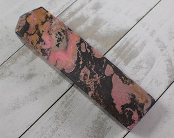 1 Piece Natural Rhodonite Crystal Tower - Black Pink Rectangle - Smooth Polished Large Tower - 4.5 Inches Rhodonite Crystal #TOWER#1056