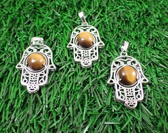1 Piece Natural Tiger Eye Cab Crystal Pendant - Hamsa Hand Silver - Small Natural Tiger Eye Crystal Pendant - 30x23x8mm Tiger Eye PNDNT#1026