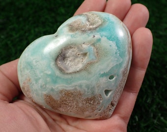 1 Piece Natural Aragonite Crystal Heart Carving - Large Textured Heart - Aqua Blue White Brown - 70x62x26mm Aragonite Crystal #HEART#1044