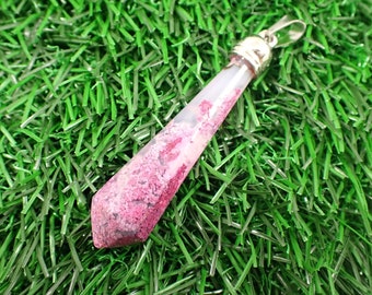 Pink Moss Agate Crystal Pendulum Pendant - Faceted Pointy Crystal - Dyed Pink Point - 2.75 Inches Pink Moss Agate - Silver Loop PNDLM#1009