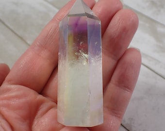 Rainbow Aura Quartz Crystal Tower - Short Half Cloudy Faceted Polished Tower - 2.5 Inch Aura Clear Quartz - Short Crystal Point #TOWER#1110