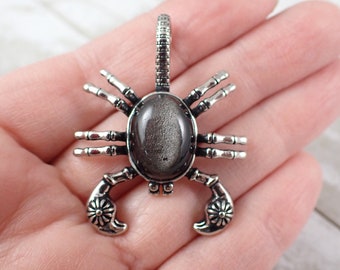 Flashy Silver Obsidian Scorpion Crystal Pendant - 1.75 Inch Flower Claw Scorpion Crystal Pendant - Silver Gray Scorpion Pendant #PNDNT#1092