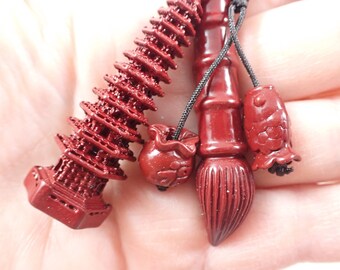 Deep Red Cinnabar Crystal Phone Charm - Bamboo Paint Brush Pagoda Fish Money Pot - Deep Red Cinnabar - Black String Red Charms #ACSRY#1017