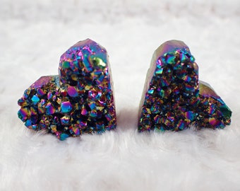 Pretty Rainbow Titanium Aura Quartz Heart Crystal - Heart Shaped Cluster - Dark Textured Heart Crystal - 1.5 Inch Purple Crystal #HEART#1009