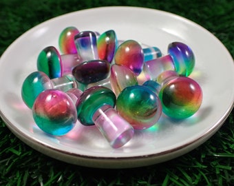 2 Pcs Mini Glass Mushroom Carving - Pink Blue Green Yellow Clear - Smooth Glass Mini Mushroom Figurines - Glass Mini Mushrooms #GLASS#1019