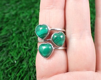 Natural Green Malachite Adjustable Crystal Ring - Green Silver Banded Malachite Crystal - 8mm Silver Plated Copper Adjustable #RINGS#1068