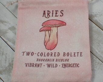1 Piece Aries Mushroom Linen Fabric Tarot Card Pouch - Pink Brown White - Aries Zodiac Crystal Bag - 6.75x5.5 Inch Aries Shrooms #POUCH#1038