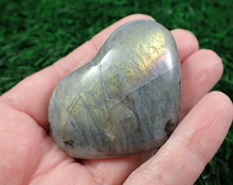 1 Piece Natural Labradorite Heart Crystal - Strong Orange Purple Flash - Thick Gray Smooth Labradorite Heart - 54x40x20mm Purple #HEART#1071
