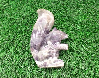 Tall Tail Dream Amethyst Crystal Squirrel Carving - Purple White Brown - Large Standing 4 Inch Squirrel - Chevron Amethyst #ANMLS#1019