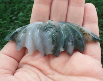 Green Moss Agate Crystal Bat Carving - Textured White Green Bat - Natural Green Moss Agate Bat Carving - Agate Crystal Animal #ANMLS#1104