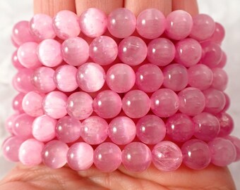 One Pink Selenite Crystal Beaded Bracelet - 8mm Smooth Shiny Round Beads - Light Pink Selenite Charging Crystal Beaded Bracelet #BRCLT#1186