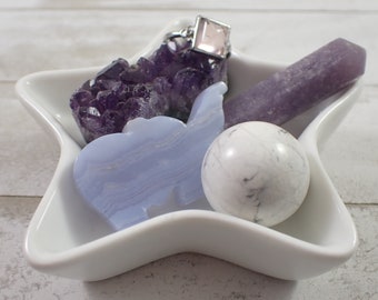 Sound Asleep Crystal Bowl Set - All Pieces Included - Star Glass Bowl - Blue Lace Agate Elephant - Amethyst Lepidolite Howlite - Rose Quartz