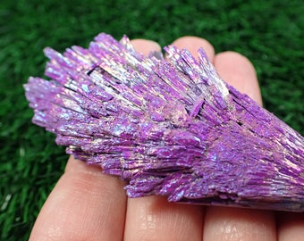 1 Piece Kyanite Fan Crystal Cluster - Bright Purple Textured Fan - Aura AB Rainbow Finish - 196x36x20mm Dyed Kyanite Aura Fan #RAWSM#1046