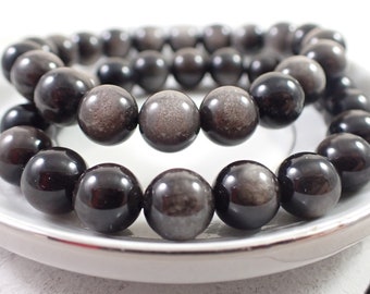 One Silver Obsidian Crystal Bead Bracelet - 10mm Smooth Round Beads - Black Silver Shiny - Silver Obsidian Crystal Bracelet - #BRCLT#1042