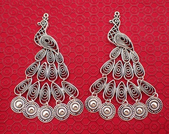 Beautiful Silver Peacock Dangling Pendant - Silver Metal Hanging Pendant - 4.25 Inch Long Silver Peacock - Large Dangle Pendant #PNDNT#1065