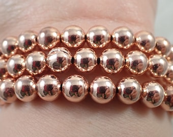 One Rose Gold Plated Copper Beaded Bracelet - 8mm Smooth Round Shiny Beads - Rose Gold Plated Copper Metallic Bracelet - #BRCLT#1013