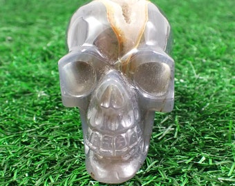 Druzy Agate Crystal Skull Carving - Large Human Skull Decor - 3 Inch Carved Skull Gray Orange - Sugar Druzy Texture Skull Carving SKULL#1016