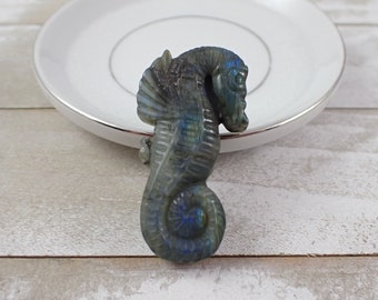 Natural Blue Labradorite Seahorse Crystal Carving - Textured Blue Flash - Labradorite Ocean Carving - 2 Inch Blue Flash Seahorse #ANMLS#1159