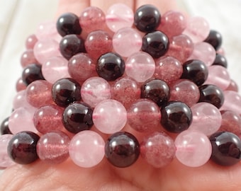 Lovely Pink Crystal Beaded Bracelet - Rose Quartz Garnet Strawberry Quartz - 8mm Smooth Round Beads - Pink Red Crystal Bracelet #BRCLT#1149