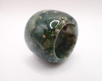 US Size 10 Beautiful Thick Green Moss Agate Bangle Crystal Ring - Green White Brown Smooth - Bangle Ring Green Moss Agate #RINGS#1098
