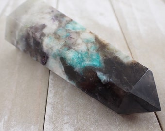 Natural Aqua Amazonite Crystal Tower - Faceted Smooth Polished - 3.75 Inch Blue Black Flashy Crystal - Amazonite Crystal Tower #TOWER#1013