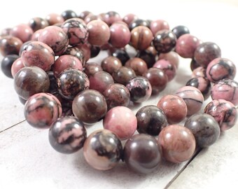 One Pink Rhodonite Crystal Bracelet - 10mm Smooth Round Beads - Pink Black Gray - Natural Rhodonite Crystal Bead Bracelet - #BRCLT#1002