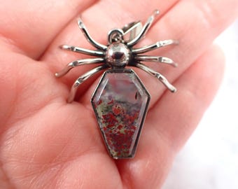 Stunning Moss Agate Spider Crystal Pendant - Silver Moss Agate Spider - Coffin Crystal Cab Pendant - Red, Beige, White, Green #PNDNT#1107