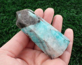 Amazonite Smoky Quartz Crystal Tower - Faceted Smooth Polished - Blue Gray White - Thick Aqua Amazonite Quartz Crystal Tower #TOWER#1016