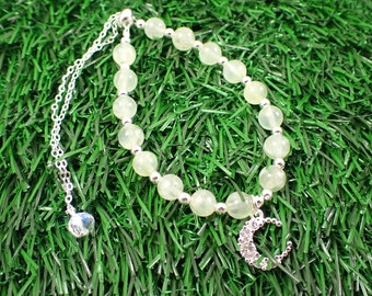 One Green Prehnite Moon Crystal Bracelet - 10mm Moon Charm - 6mm Prehnite Round Beads - Light Green Prehnite Silver Bracelet #JEWEL#1305