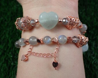 One Labradorite Aquamarine Crystal Beaded Bracelet - Smooth Round Flashy Beads - Aquamarine Heart Labradorite Flashy - Rose Gold #JEWEL#1031
