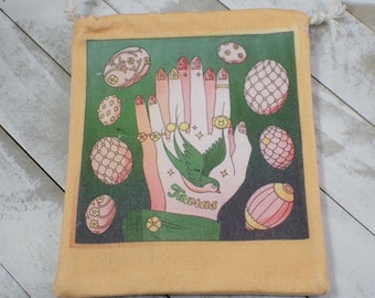 1 Piece Taurus Hand Linen Fabric Crystal Pouch - Green Yellow Pink - Taurus Zodiac Tarot Card Bag - 6.5x5.75 Inches Taurus Bag #POUCH#1036