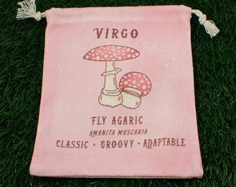 1 Piece Virgo Mushroom Linen Fabric Tarot Card Pouch - Pink Brown White - Virgo Zodiac Crystal Bag - 6.75x5.5 Inch Virgo Shrooms #POUCH#1038