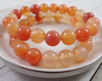 One Red Agate Crystal Bead Bracelet - 10mm Smooth Round Beads - Shiny Red Orange Part Translucent - Natural Red Agate Bracelet - #BRCLT#1053