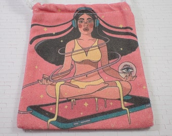 1 Piece Headphones Girl Fabric Crystal Pouch - Pink Yellow Bikini Girl - White Linen Fabric - Woman Meditation Tarot Card Bag #POUCH#1032