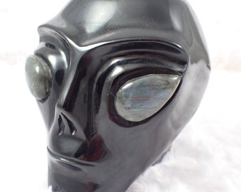 Awesome Large & Heavy Black Obsidian Alien Skull - Shiny Black Crystal Carving - Flashy Blue Labradorite Eye Crystal Alien Skull #SKULL#1018