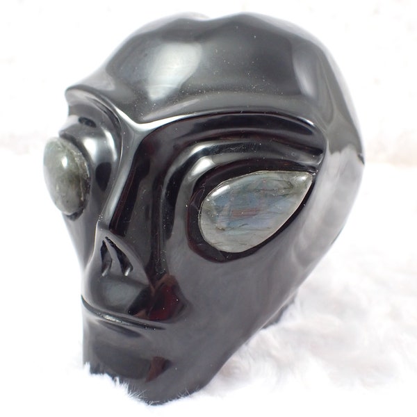 Awesome Large & Heavy Black Obsidian Alien Skull - Shiny Black Crystal Carving - Flashy Blue Labradorite Eye Crystal Alien Skull #CRVNG#2190