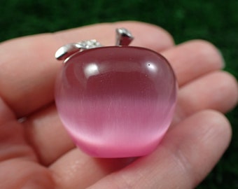 1 Piece Pink Cats Eye Crystal Apple Carving - Small Pink Apple Gold Leaf - 1.25 Inch Pink Cats Eye Crystal - Gold Leaf Apple #CRVNG#1104