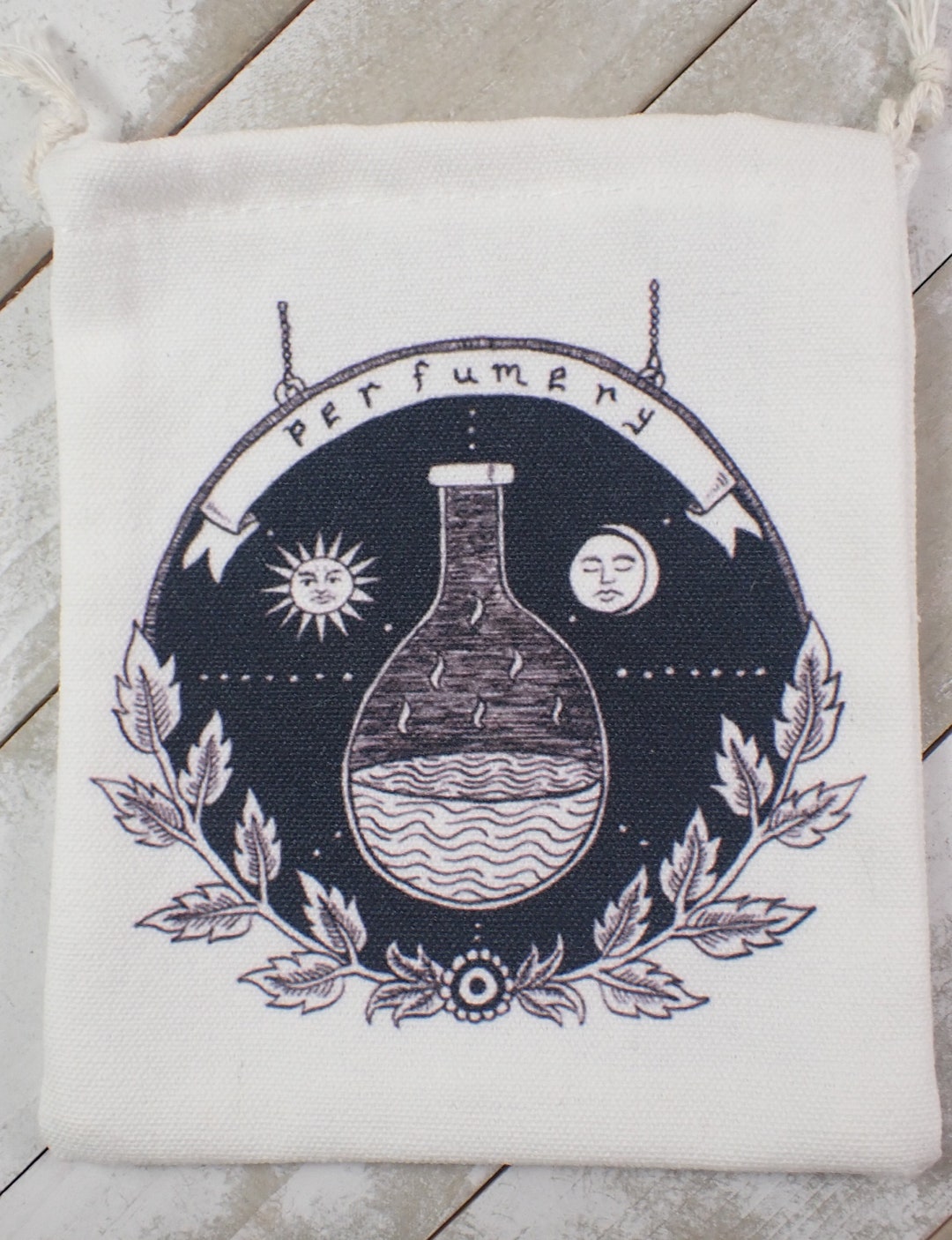 Black White Perfumery Fabric Pouch - Moon Sun Perfume Bottle Leaves ...