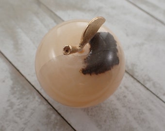 Shiny Beige Crystal Apple with Gold Stem - Smooth Polished Peach Beige Gray Fruit - 2.25 Inch Smooth Crystal  Apple Gift #CRVNG#1904