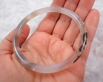 61.7mm Gorgeous White Black Brown Agate Bangle Bracelet - Thin Smooth Polished Round - Natural Agate Crystal Bracelet - No Chips #JEWEL#1485